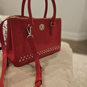 Dkny Red and Gold Satchel with Structured Design